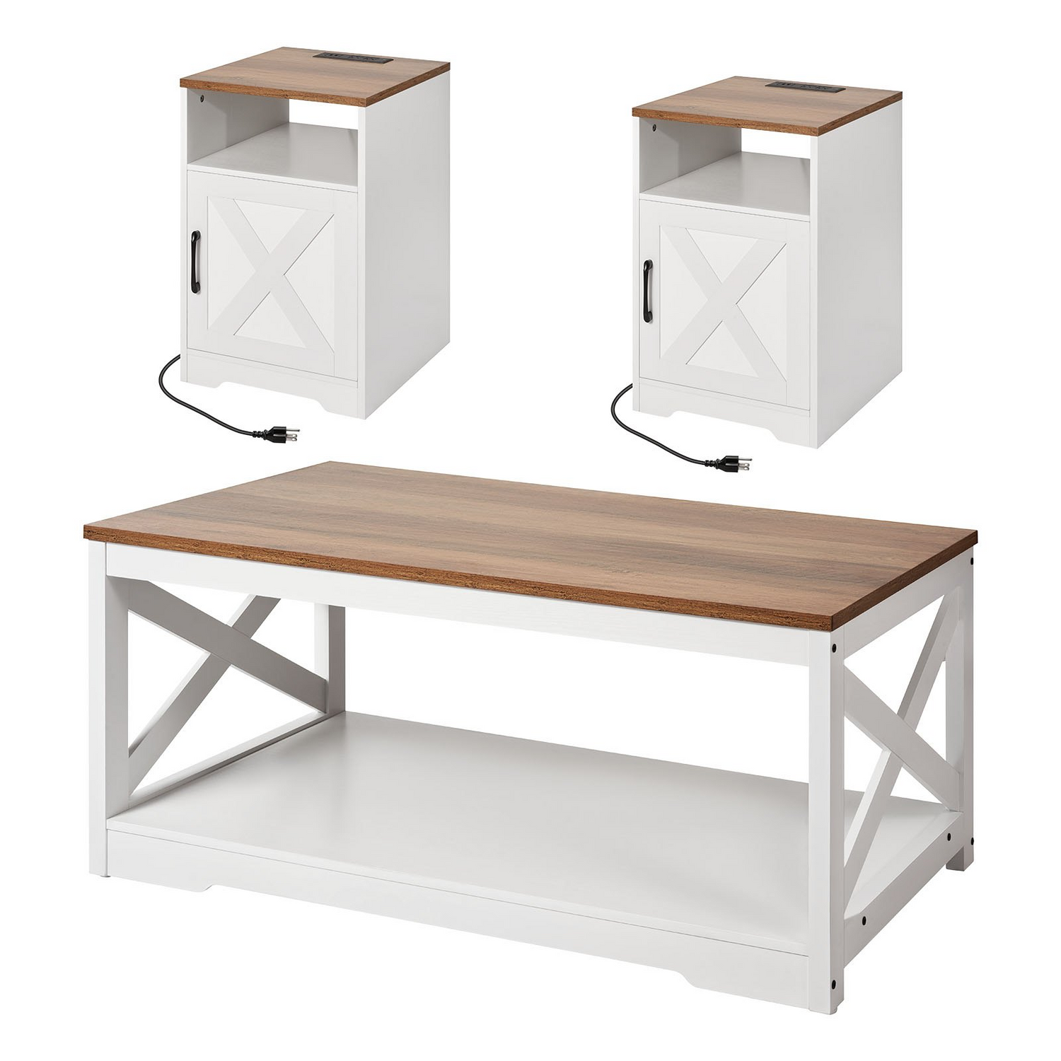 Start2Finish VEVOR farmhouse coffee table set with two end tables, industrial style, includes charging station, suited for living rooms.