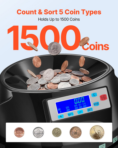 Start2Finish VEVOR coin counter machine sorting 5 denominations with LCD display, handles 225 coins per minute, holds 1500 coins.