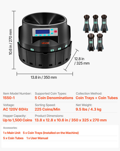 Start2Finish VEVOR coin counter machine sorting up to 225 coins per minute with LCD display and batch feature.