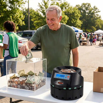 Start2Finish VEVOR coin counter machine with LCD display, sorts 5 denominations, up to 225 coins per minute, holds 1500 coins.