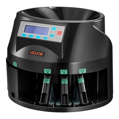 Start2Finish VEVOR coin counter machine with LCD display, sorting up to 225 coins per minute, holds 1500 coins, includes batch feature.
