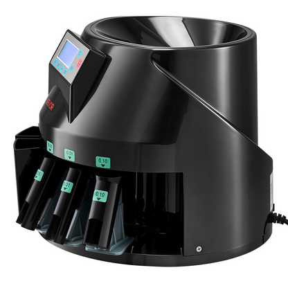 Start2Finish VEVOR coin counter machine with LCD display, sorts 5 denominations, up to 225 coins per minute, holds 1500 coins.