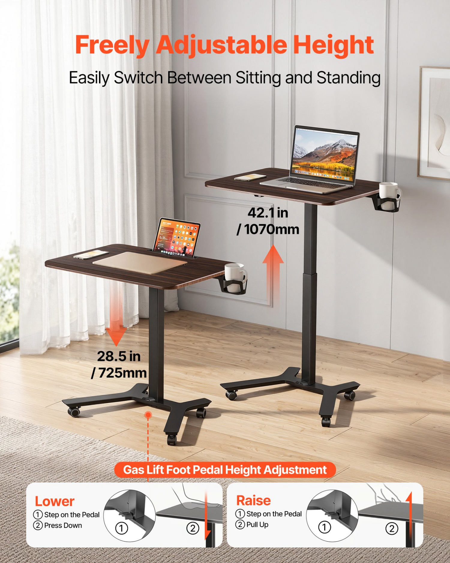 Start2Finish VEVOR adjustable standing desk with casters, pneumatic lift, small computer workstation with hook and foot pedal.