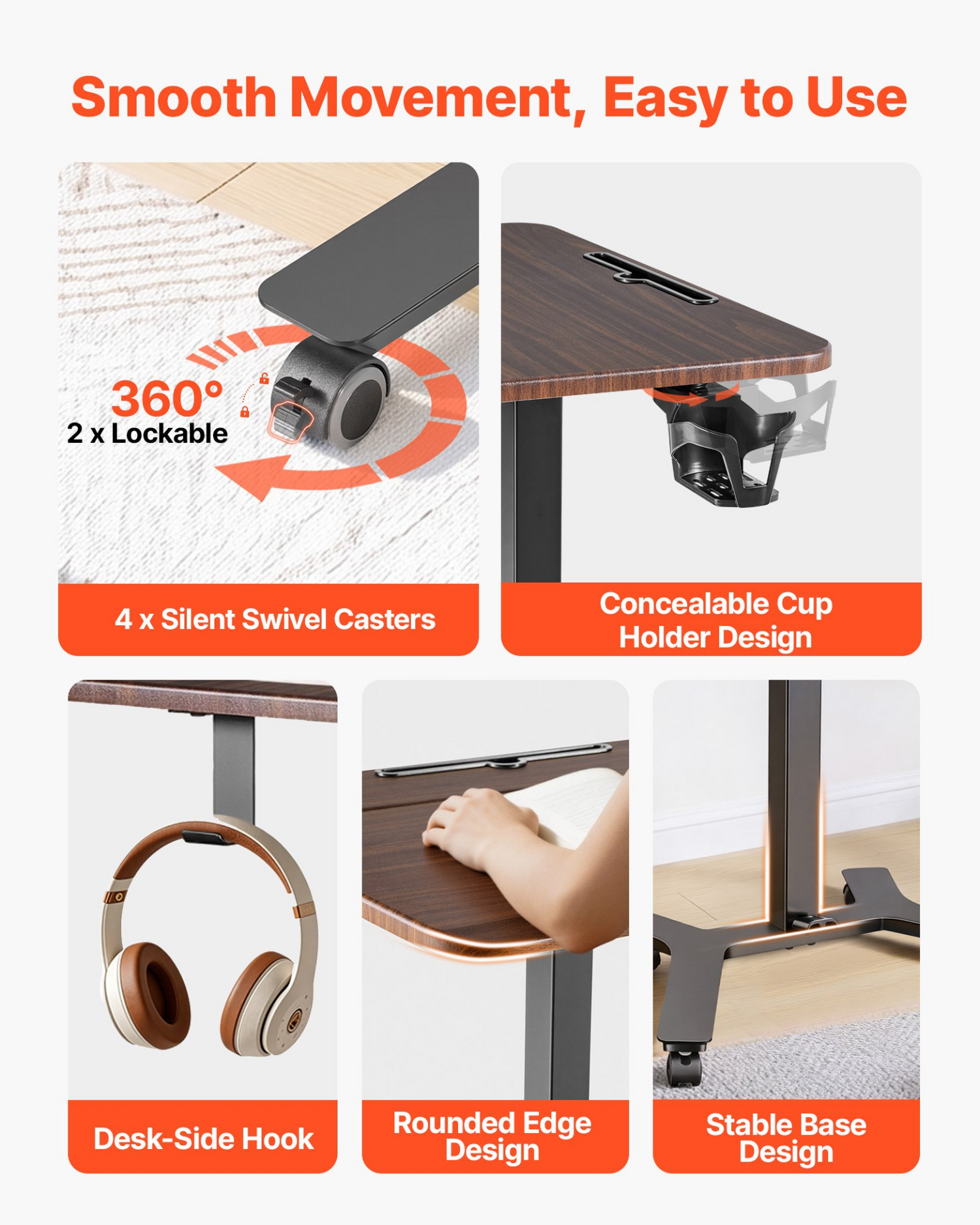 Start2Finish VEVOR adjustable standing desk with casters, pneumatic lift, hook, and foot pedal for home office sit-stand work.