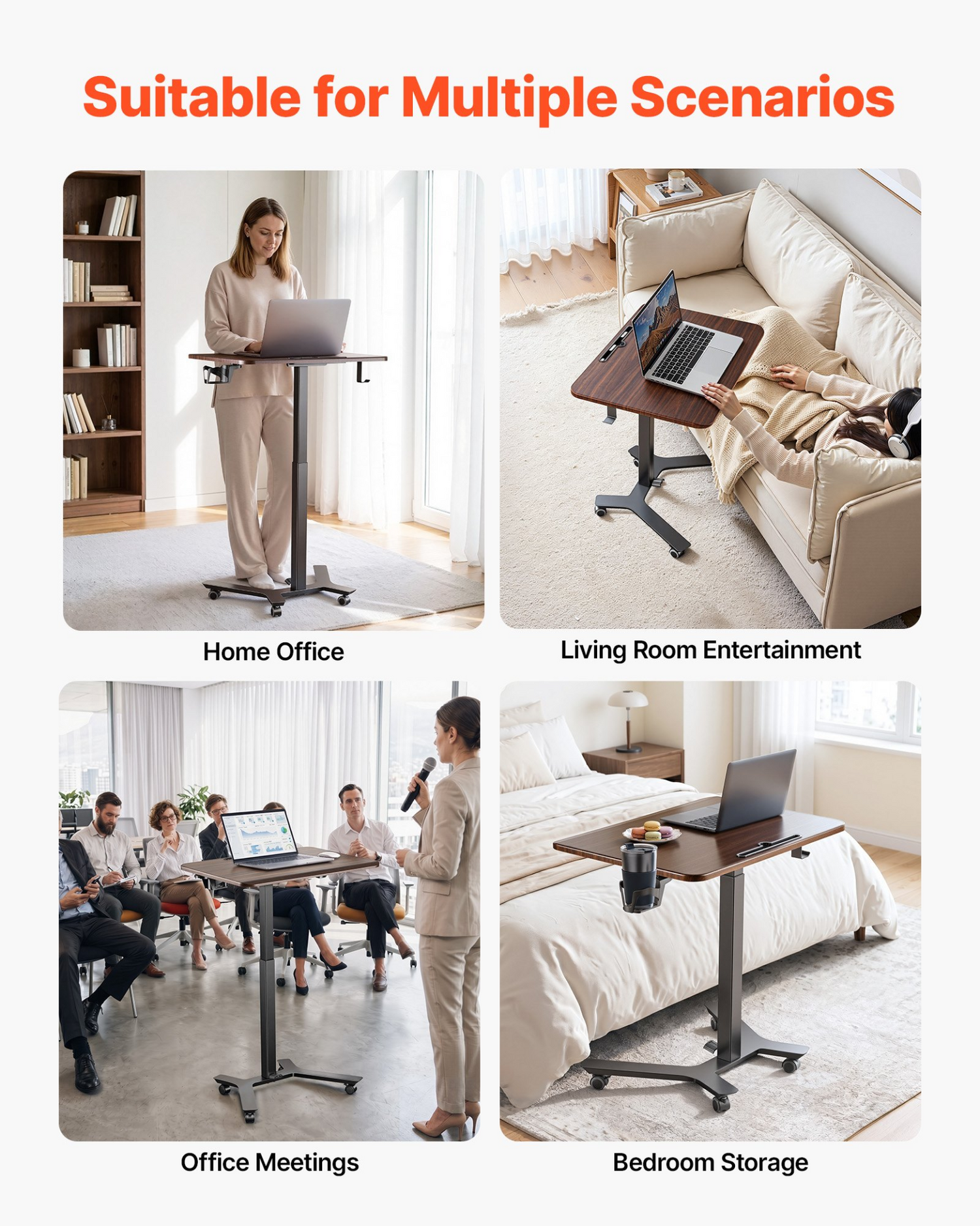 Start2Finish VEVOR standing desk with adjustable height, rolling workstation, foot pedal lift, and hook for home office use.