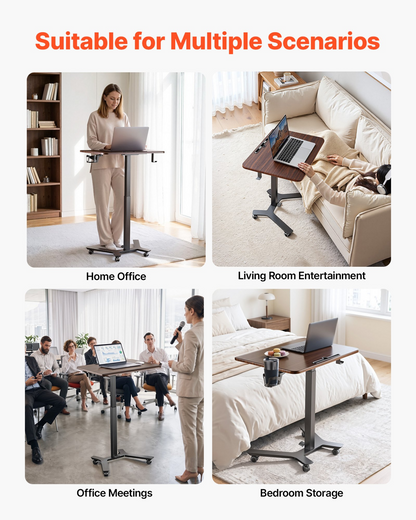 Start2Finish VEVOR standing desk with adjustable height, rolling workstation, foot pedal lift, and hook for home office use.