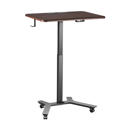 Start2Finish VEVOR adjustable standing desk with casters, small computer workstation, pneumatic lift, hook, and foot pedal for home office.