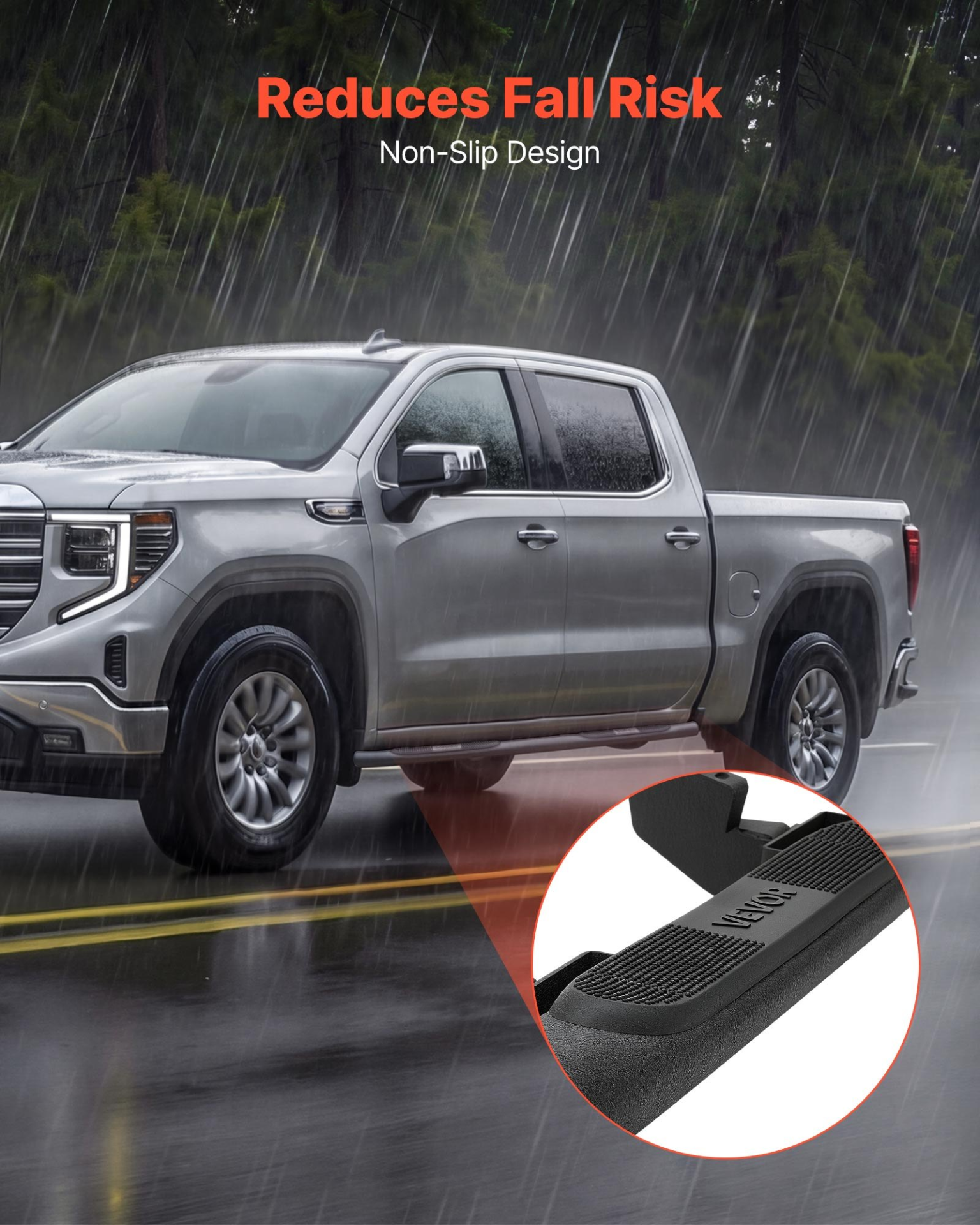 Black VEVOR running boards for Chevy GMC 1500-3500HD Crew Cab, non-slip surface, rustproof, 3-inch side steps, durable steel.