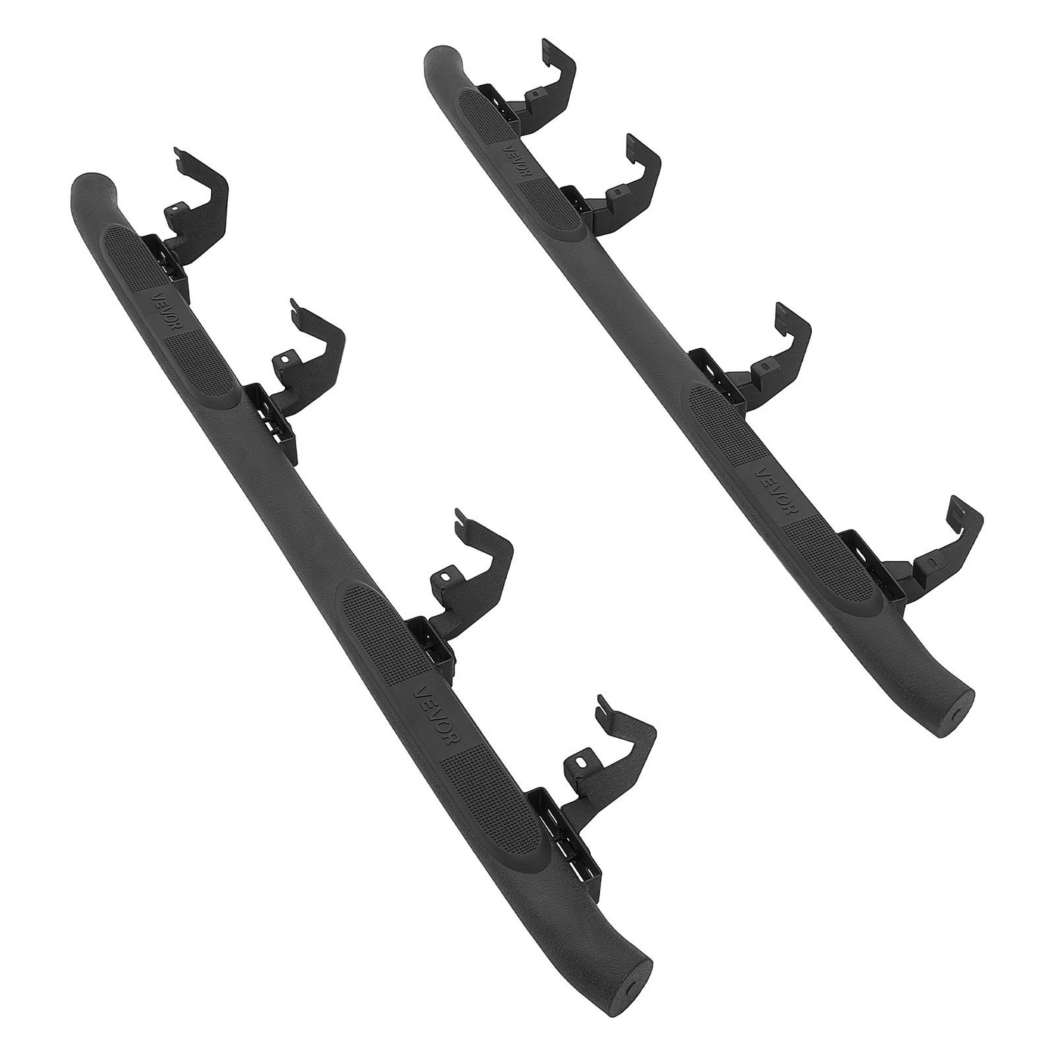 Black VEVOR running boards with non-slip surface and rustproof coating on a Chevy GMC crew cab, 3-inch side steps for easy access.