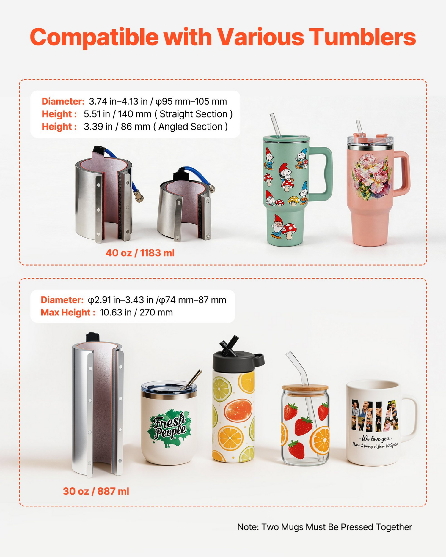 Start2Finish VEVOR tumbler heat press machine for 30 oz and 40 oz mugs, with gloves, tape, and easy temperature controls.