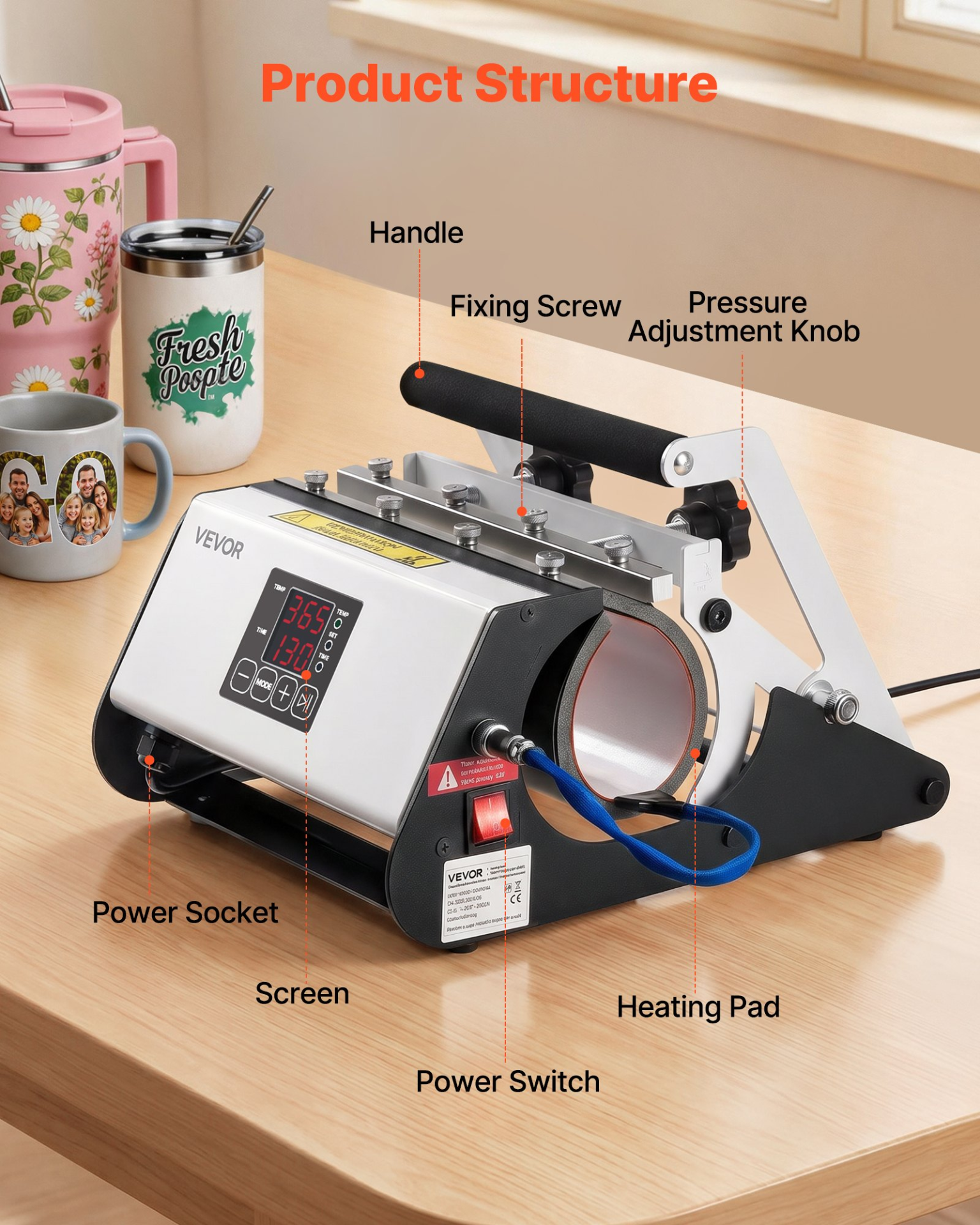Start2Finish VEVOR tumbler heat press machine for 30 oz and 40 oz mugs, with gloves, tape, and easy temperature controls.