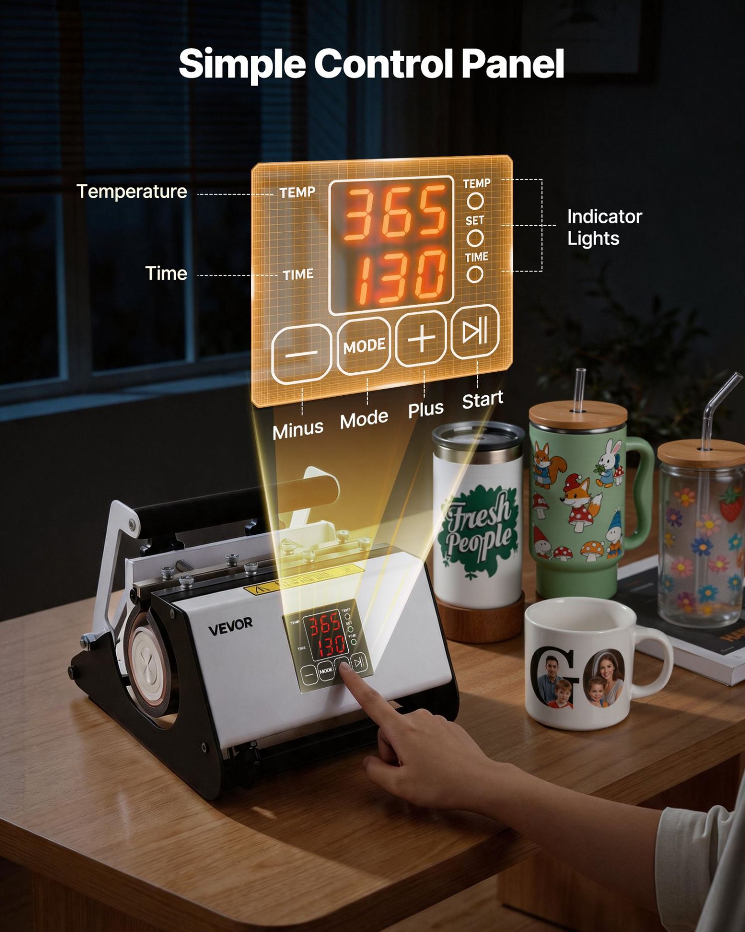 Start2Finish VEVOR tumbler heat press machine for 30 oz and 40 oz mugs, with tape, gloves, and easy temperature controls.