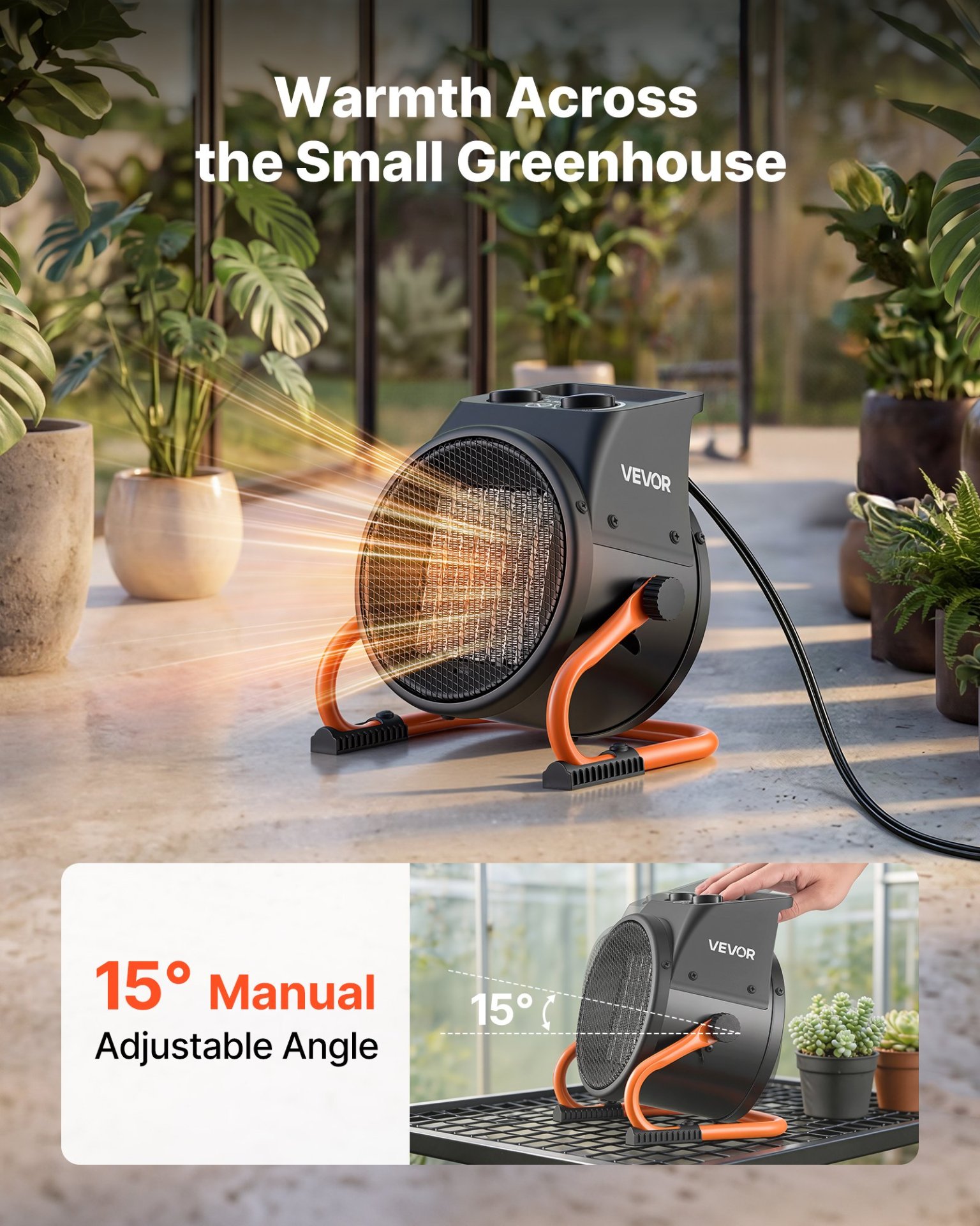 Start2Finish VEVOR 1500W greenhouse heater with thermostat, adjustable angle, fan, low/high heat modes, overheat protection, for grow tents.