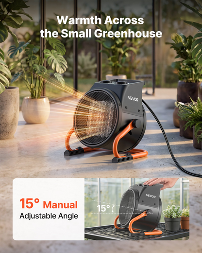 Start2Finish VEVOR 1500W greenhouse heater with thermostat, adjustable angle, fan, low/high heat modes, overheat protection, for grow tents.