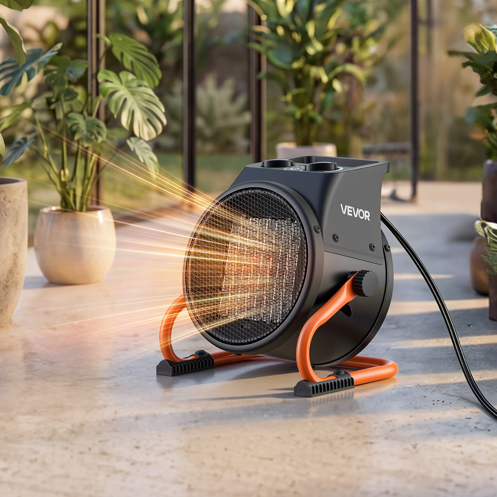 Start2Finish VEVOR 1500W greenhouse heater with fan, thermostat, adjustable angle, and overheat protection for grow tents and indoor spaces.
