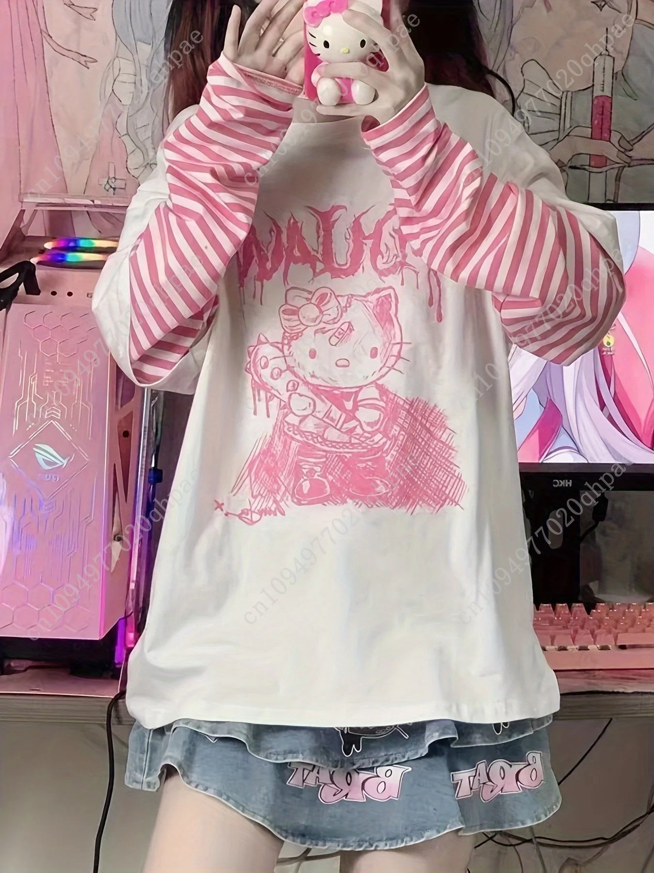 1pc Tops Sanrio Hello Kitty Japanese Sweet Cool T-Shirt Women New Loose False Two Pieces Long Sleeve Kitty Tops Women