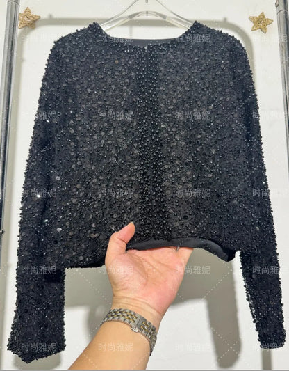 Fashion Heavy Sequin Beaded Cardigan Jacket for Women Slim Fit Bodycon Mid-Length Skirt Trendy Long Sleeve Coat