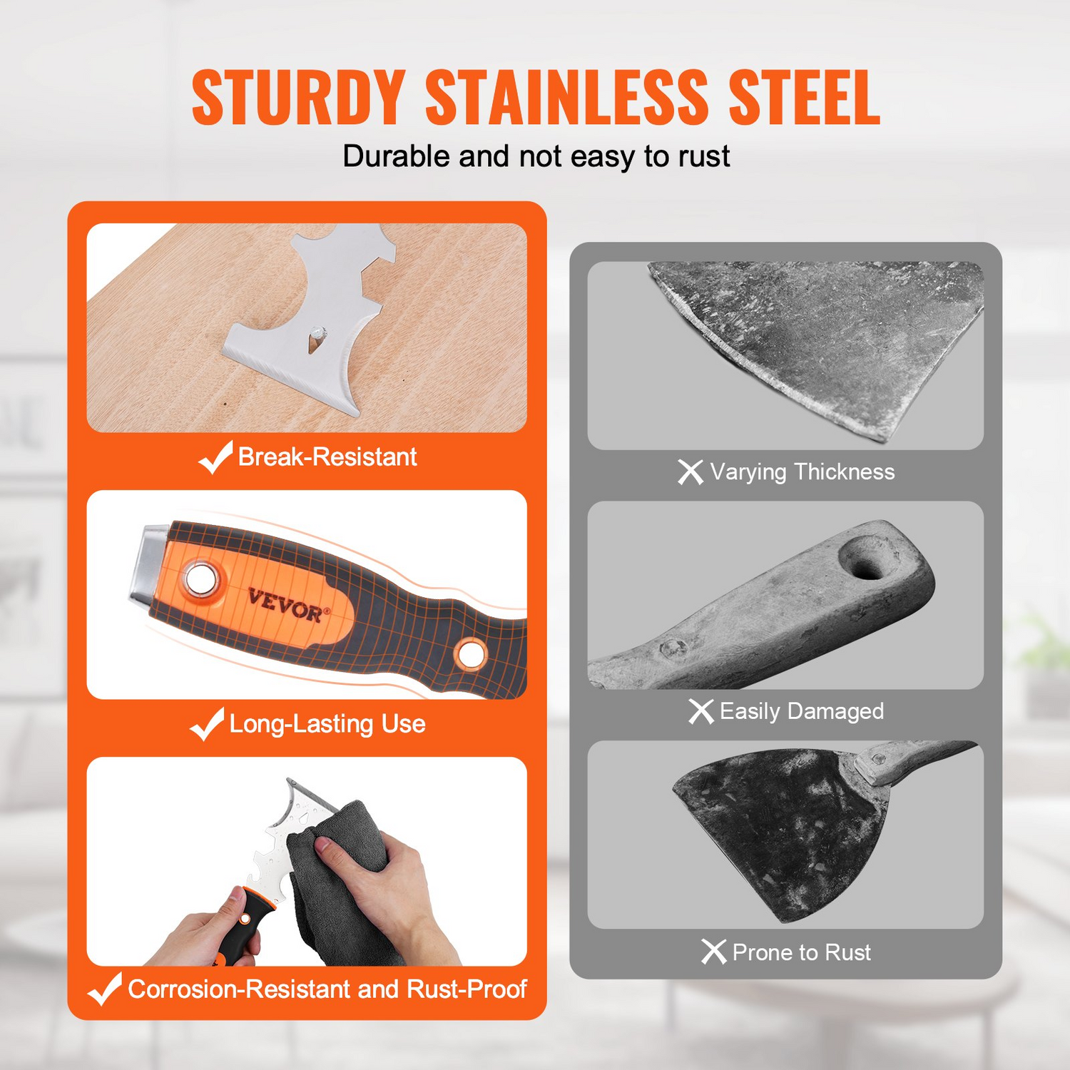 Start2Finish VEVOR drywall knife set with 6 stainless steel tools including scrapers, putty knives, taping knives, and mud pan.