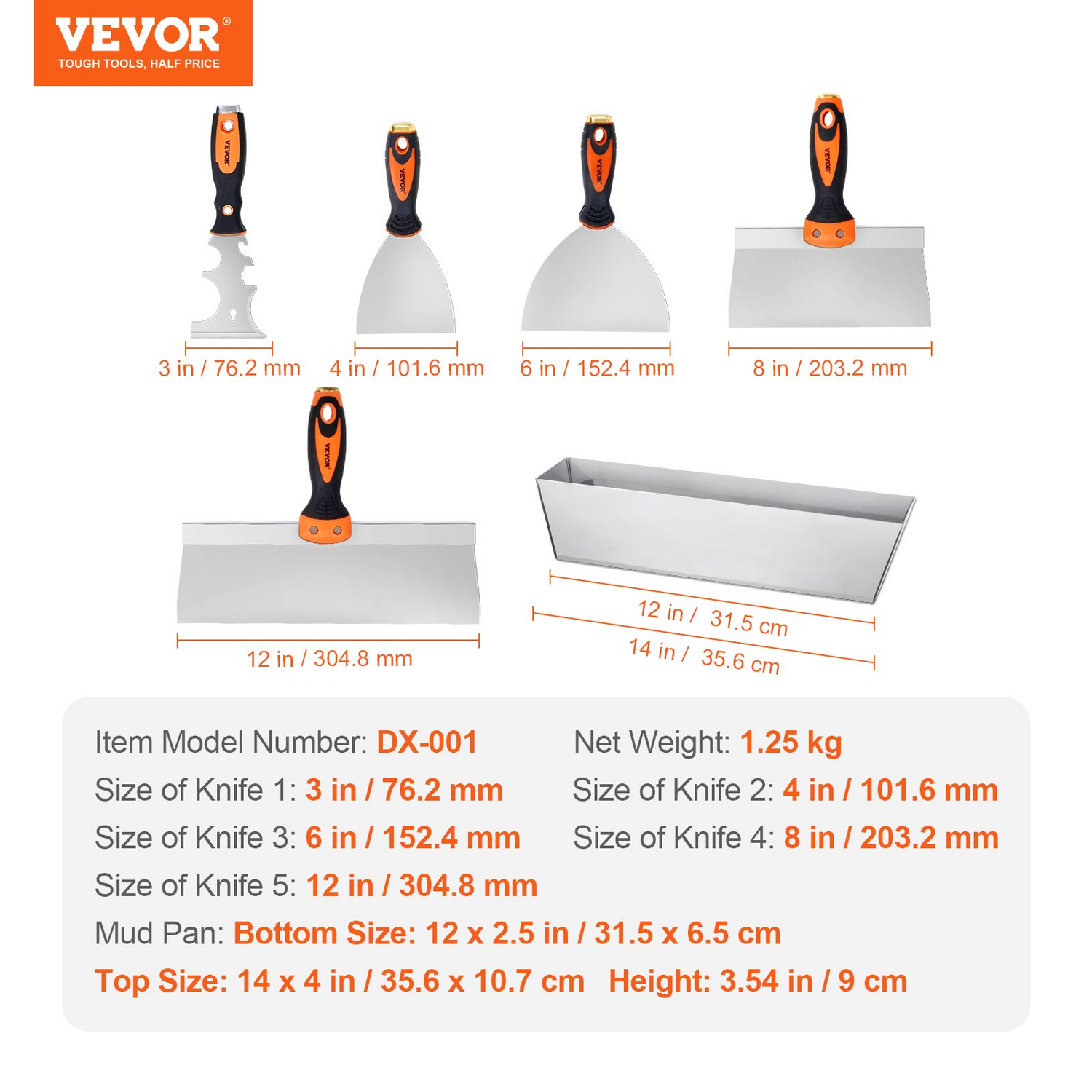 Start2Finish VEVOR drywall knife set with 6 stainless steel tools including putty knives, taping knives, scraper, and mud pan