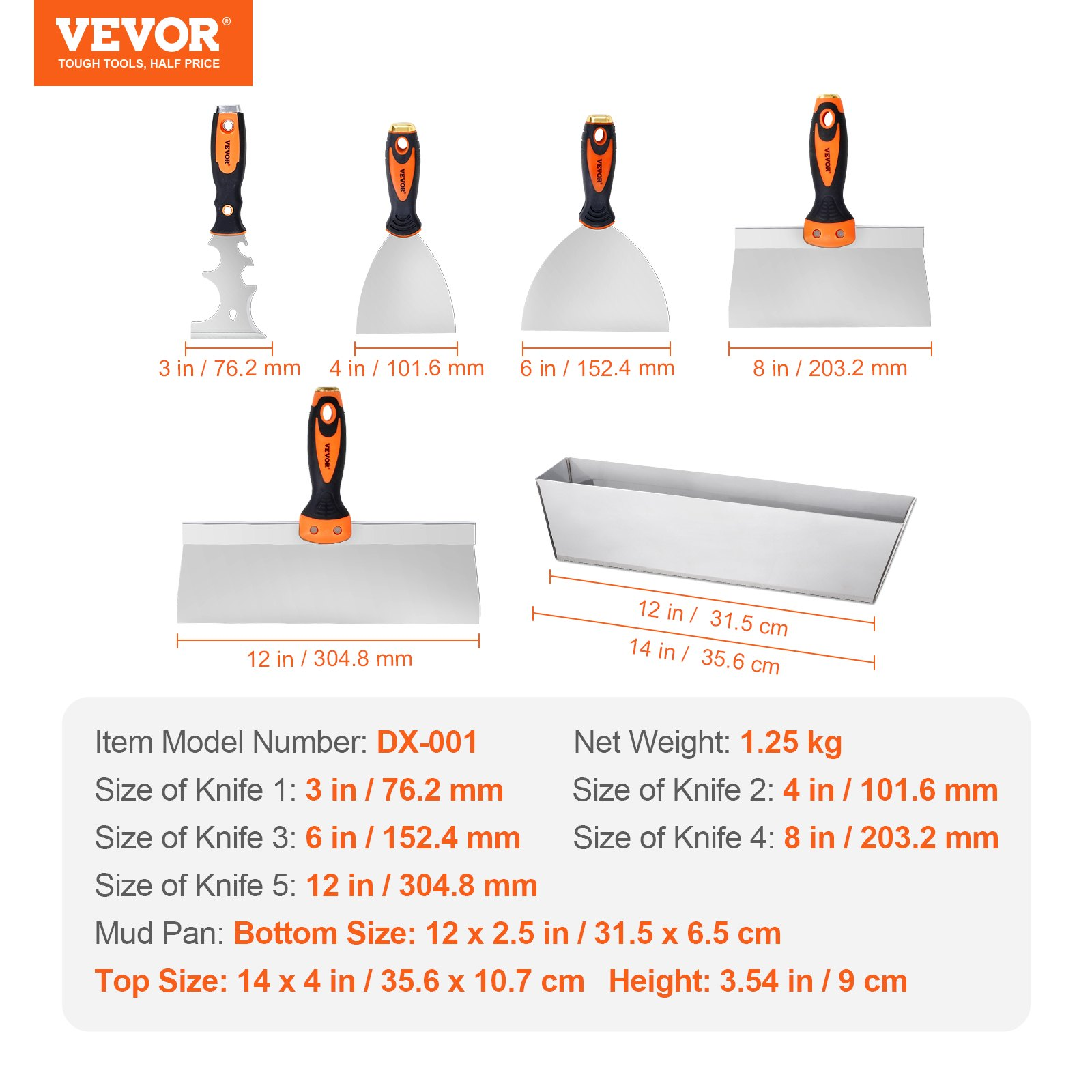 Start2Finish VEVOR drywall knife set with 6 stainless steel tools including putty knives, taping knives, scraper, and mud pan
