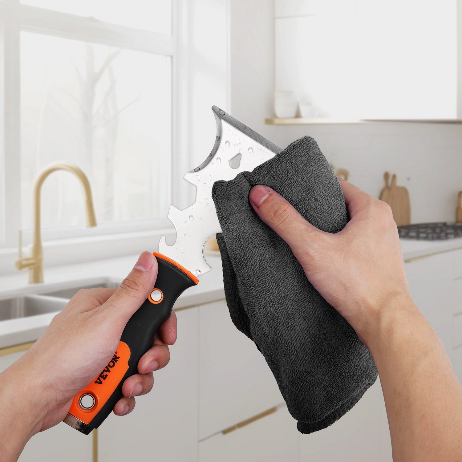 Start2Finish VEVOR drywall knife set with 6 stainless steel tools including scrapers, putty knives, taping knives, and a mud pan.