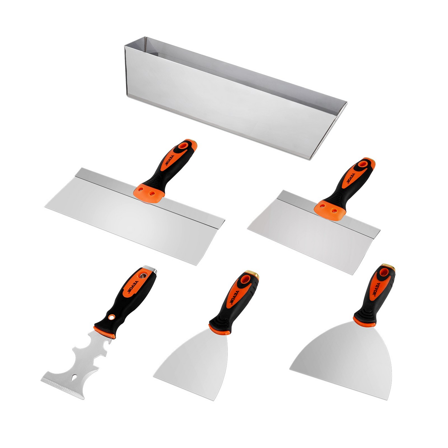 Start2Finish VEVOR drywall knife set with 6 stainless steel tools including scrapers, putty knives, taping knives, and a mud pan.