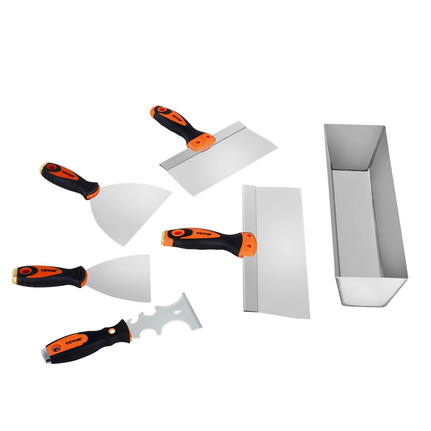 Start2Finish VEVOR drywall knife set with 6 stainless steel tools including scrapers, putty knives, taping knives, and mud pan.