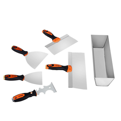 Start2Finish VEVOR drywall knife set with 6 stainless steel tools including scrapers, putty knives, taping knives, and mud pan.