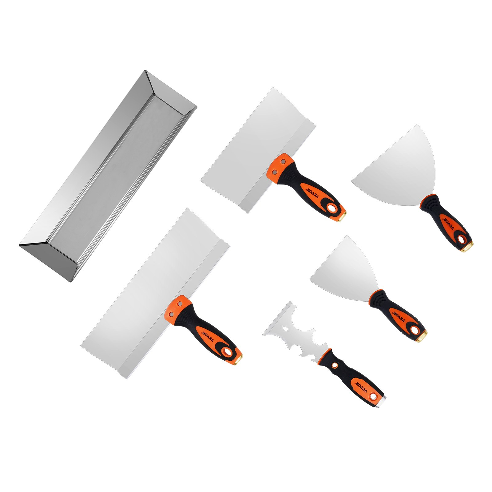Start2Finish VEVOR drywall knife set includes 6 stainless steel drywall tools, painter scraper, putty, taping knives, and mud pan.