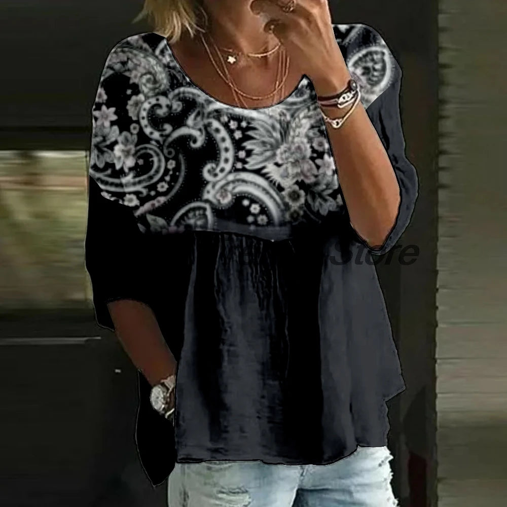 Women's Casual Floral Print 3/4 Sleeve Blouse Loose Fit Crew Neck Tunic Tops Lady's Top Shirts