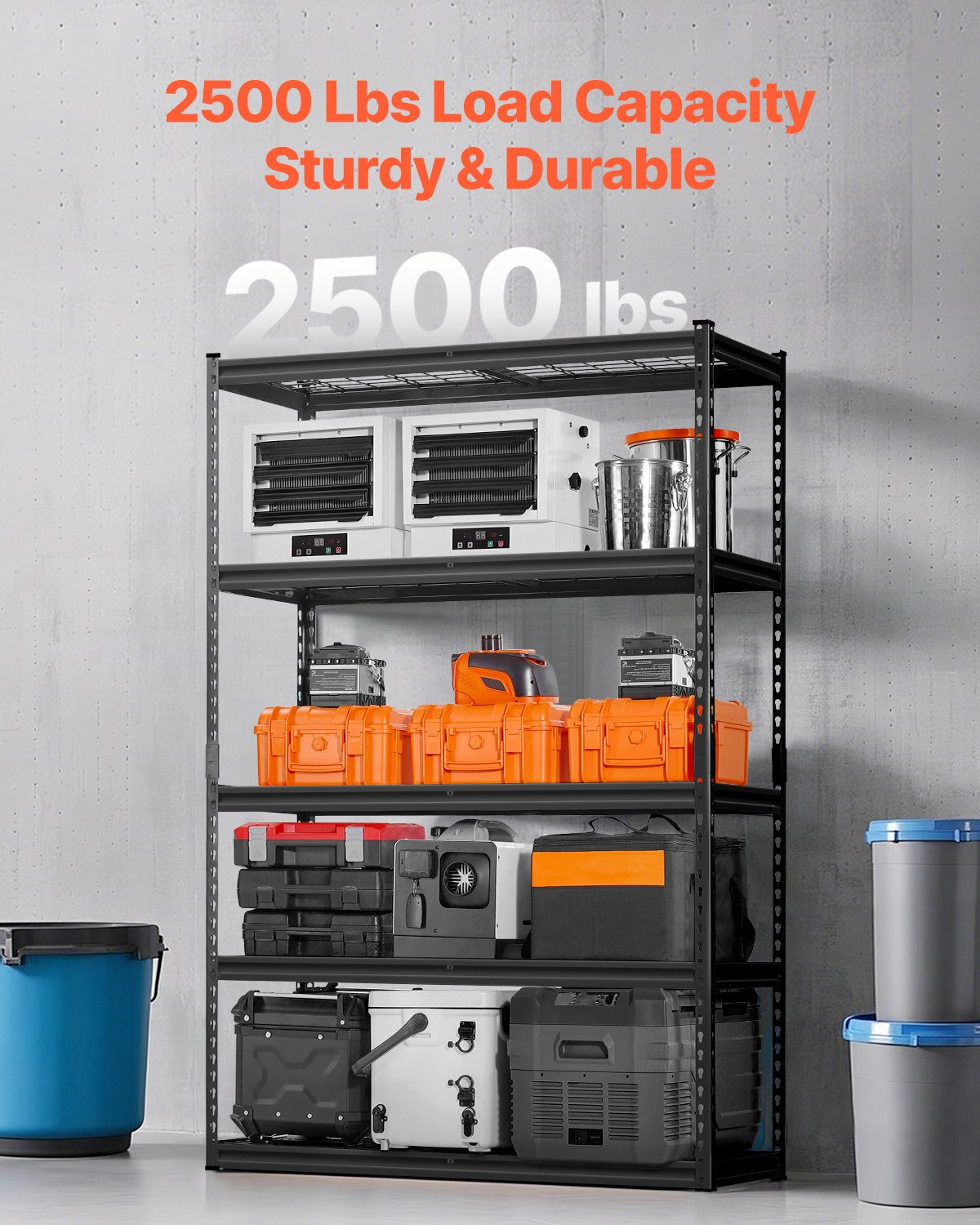 Start2Finish VEVOR heavy duty 5-tier metal garage shelving unit with adjustable black steel shelves for industrial storage.