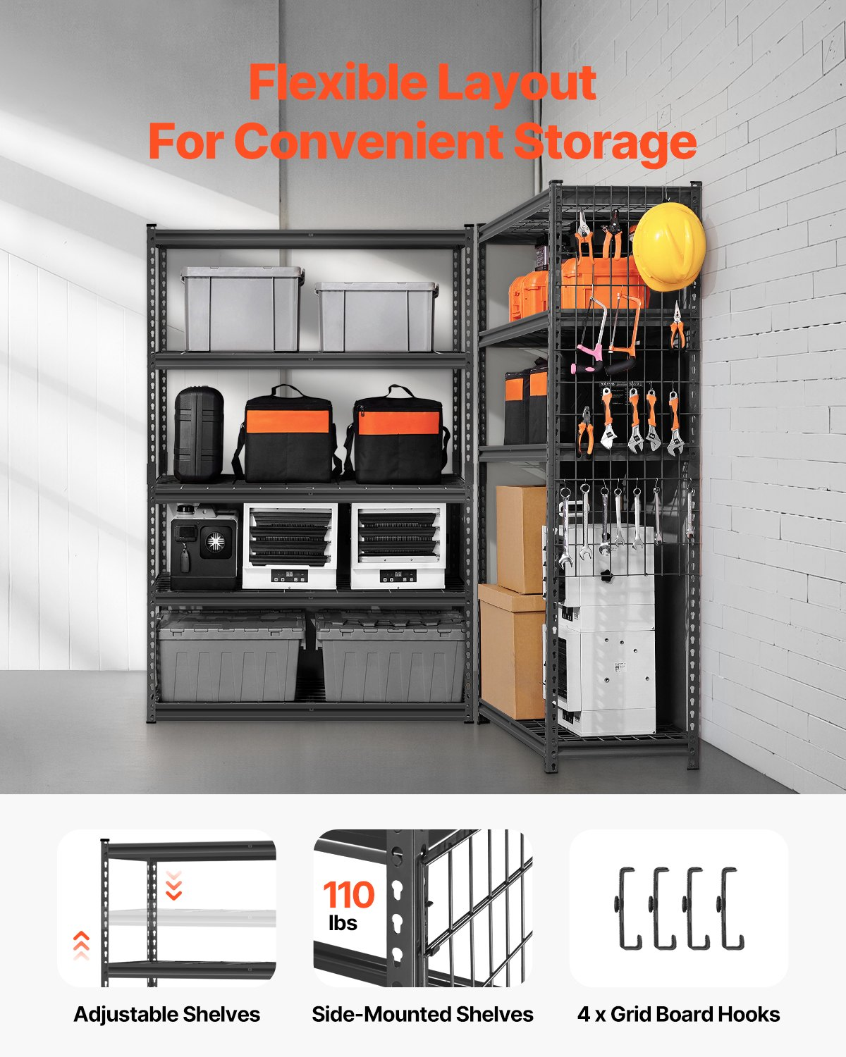 Start2Finish VEVOR 5-tier heavy-duty metal garage shelving unit with black finish, adjustable industrial storage for kitchen or warehouse.