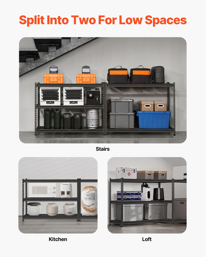 Start2Finish VEVOR 5-tier heavy-duty metal garage shelving unit with adjustable black industrial storage shelves for warehouse or basement.