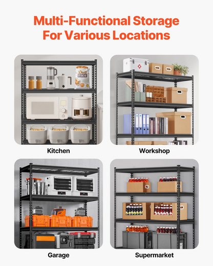 Start2Finish VEVOR heavy duty 5-tier garage shelving unit with adjustable metal shelves, black industrial storage for warehouse or basement.