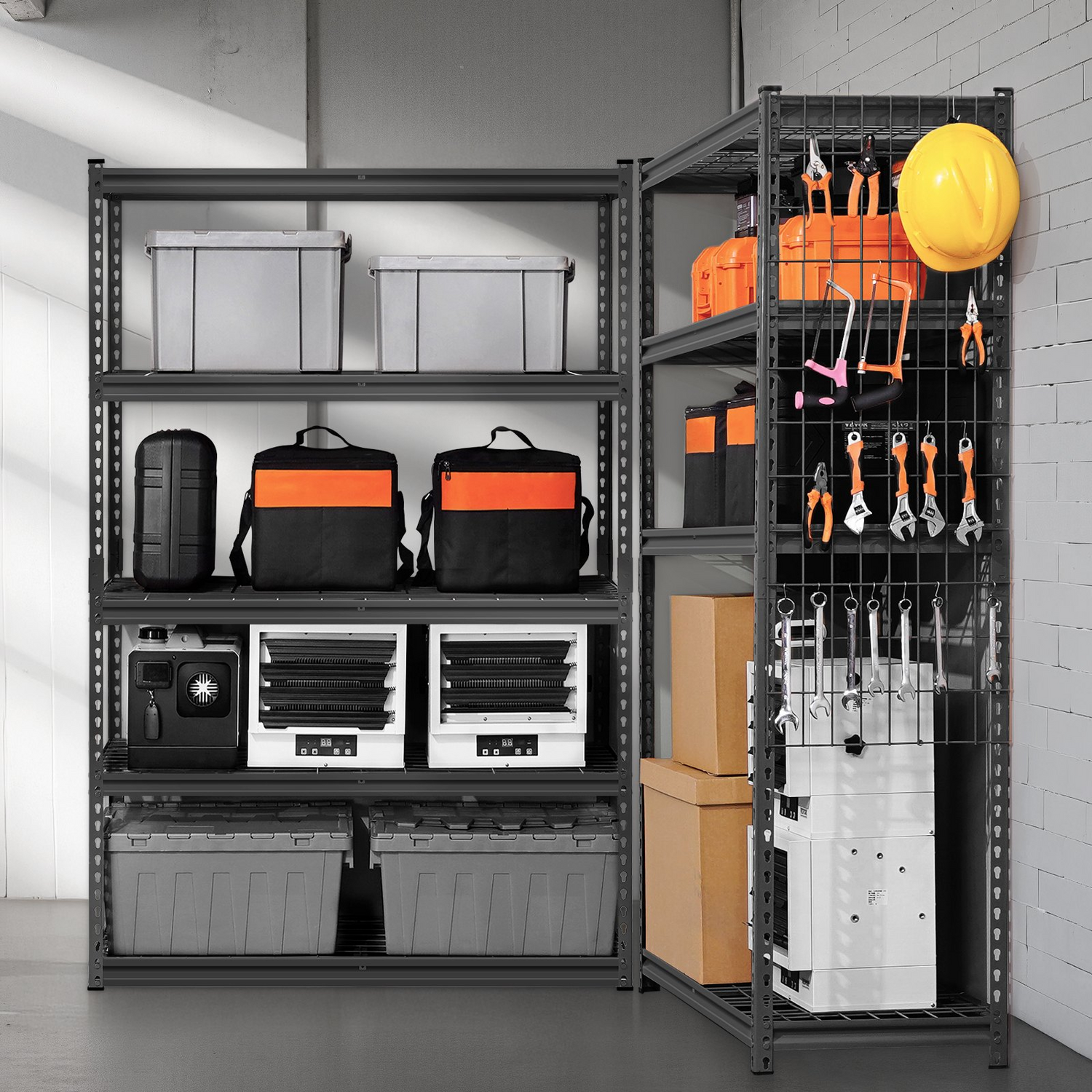 Start2Finish VEVOR 5-tier heavy duty metal garage shelves, 48x18x72 inches, black industrial storage unit for garage or warehouse.