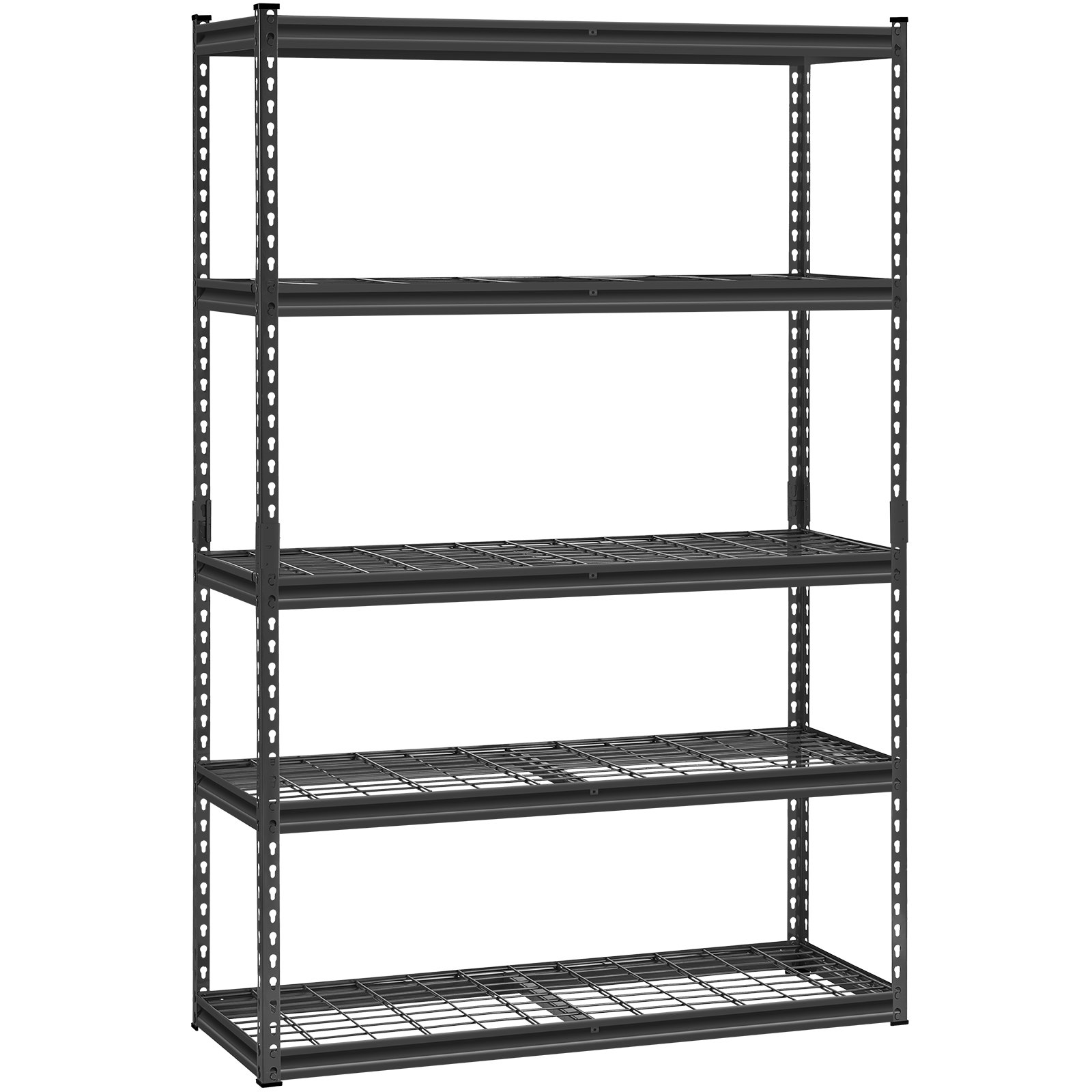 Start2Finish VEVOR heavy-duty 5-tier garage shelving unit with black metal shelves, 18" D x 48" W x 72" H, adjustable for storage.