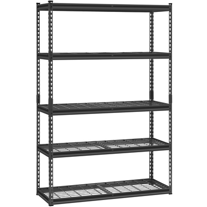 Start2Finish VEVOR heavy-duty 5-tier garage shelving unit with black metal shelves, 18" D x 48" W x 72" H, adjustable for storage.