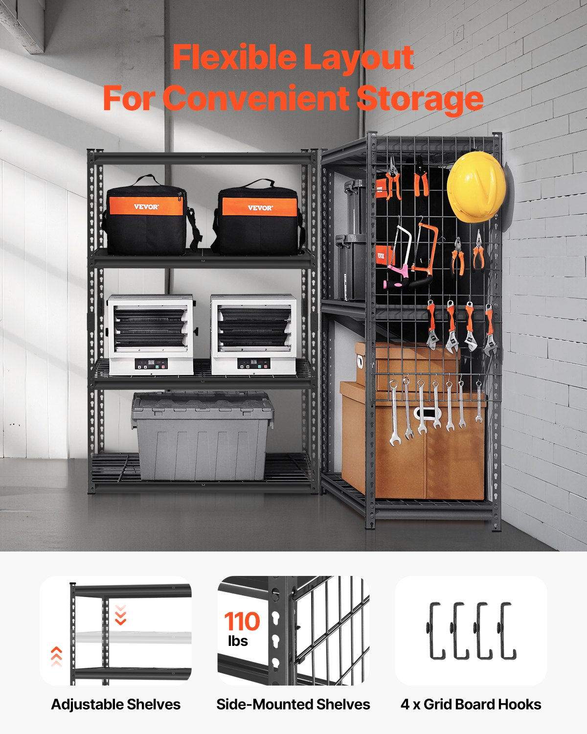 Start2Finish VEVOR 4-tier heavy-duty metal garage shelving unit with adjustable black storage shelves for garage, warehouse, or basement use.