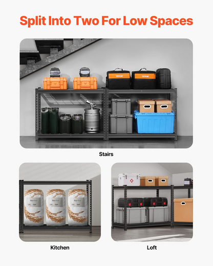 Start2Finish VEVOR 4-tier heavy duty metal garage shelving unit, black, with adjustable shelves for garage, warehouse, or basement storage.