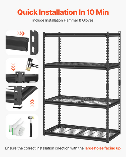 Start2Finish VEVOR heavy-duty metal garage shelving unit with four adjustable black tiers, 20" D x 40" W x 60" H for storage.