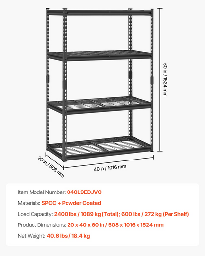 Start2Finish VEVOR 4-tier heavy-duty garage shelving unit with black metal shelves, 20" D x 40" W x 60" H, for industrial storage.