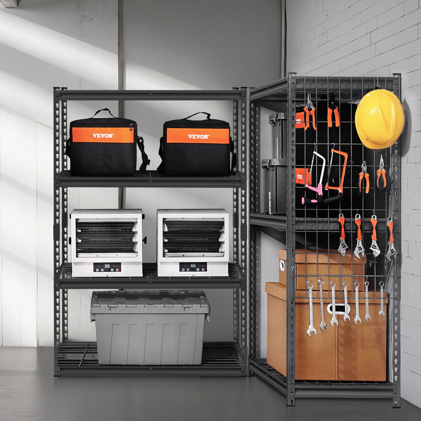 Start2Finish VEVOR 4-tier heavy-duty garage shelving unit in black, 20" D x 40" W x 60" H, adjustable industrial metal storage shelves.
