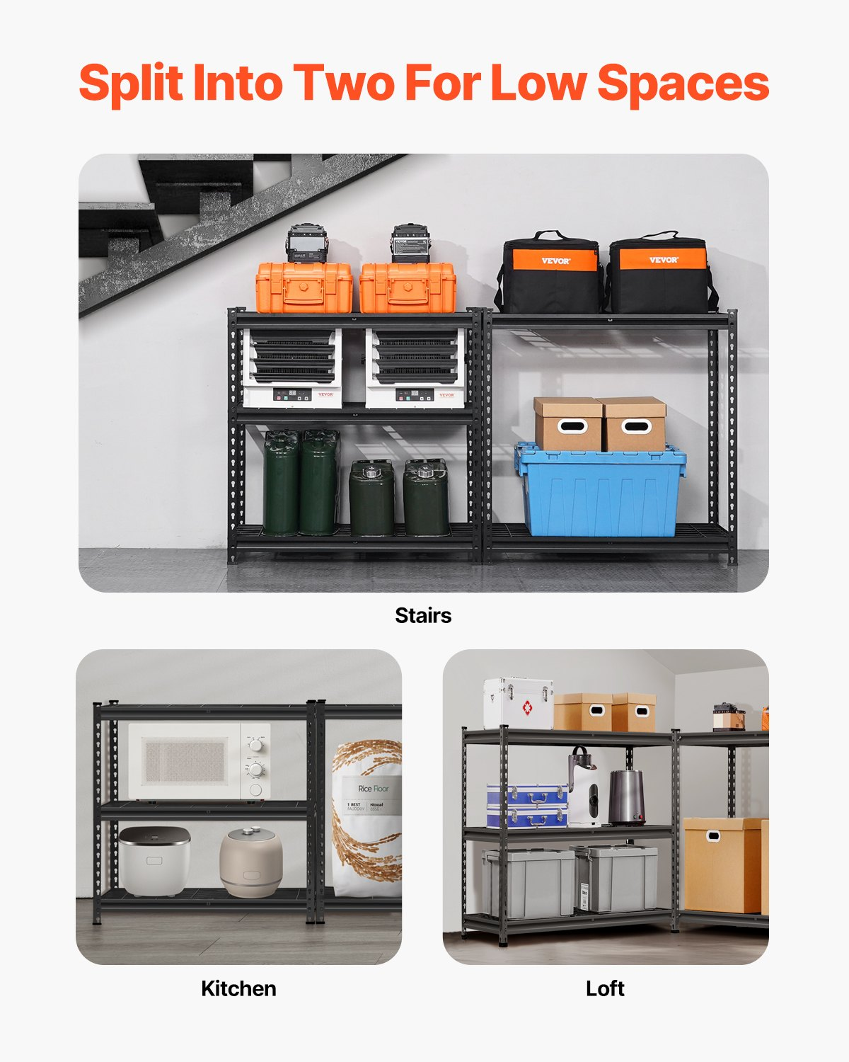 Start2Finish VEVOR 5-Tier Heavy Duty Garage Shelving Unit with black metal shelves, adjustable, 16" D x 36" W x 72" H for storage