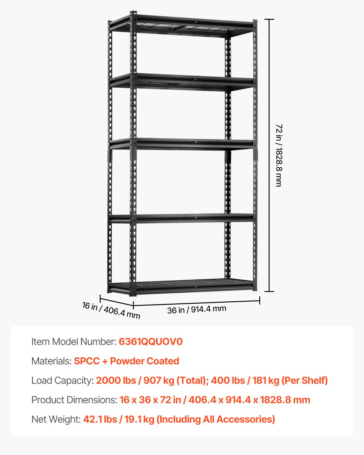 Start2Finish VEVOR 5-Tier heavy-duty garage shelving unit with black metal shelves, adjustable, 16" D x 36" W x 72" H for industrial storage