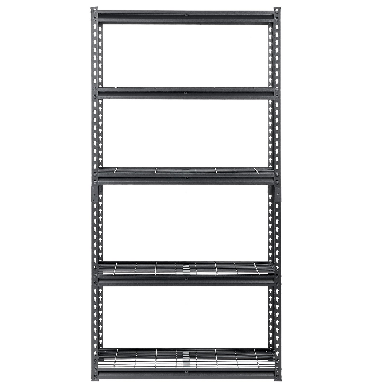 Start2Finish VEVOR 5-tier heavy-duty garage storage shelves with adjustable metal shelves, black industrial shelving unit for warehouse or basement.