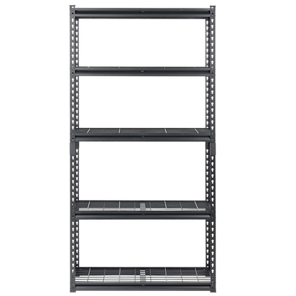 Start2Finish VEVOR 5-tier heavy-duty garage storage shelves with adjustable metal shelves, black industrial shelving unit for warehouse or basement.