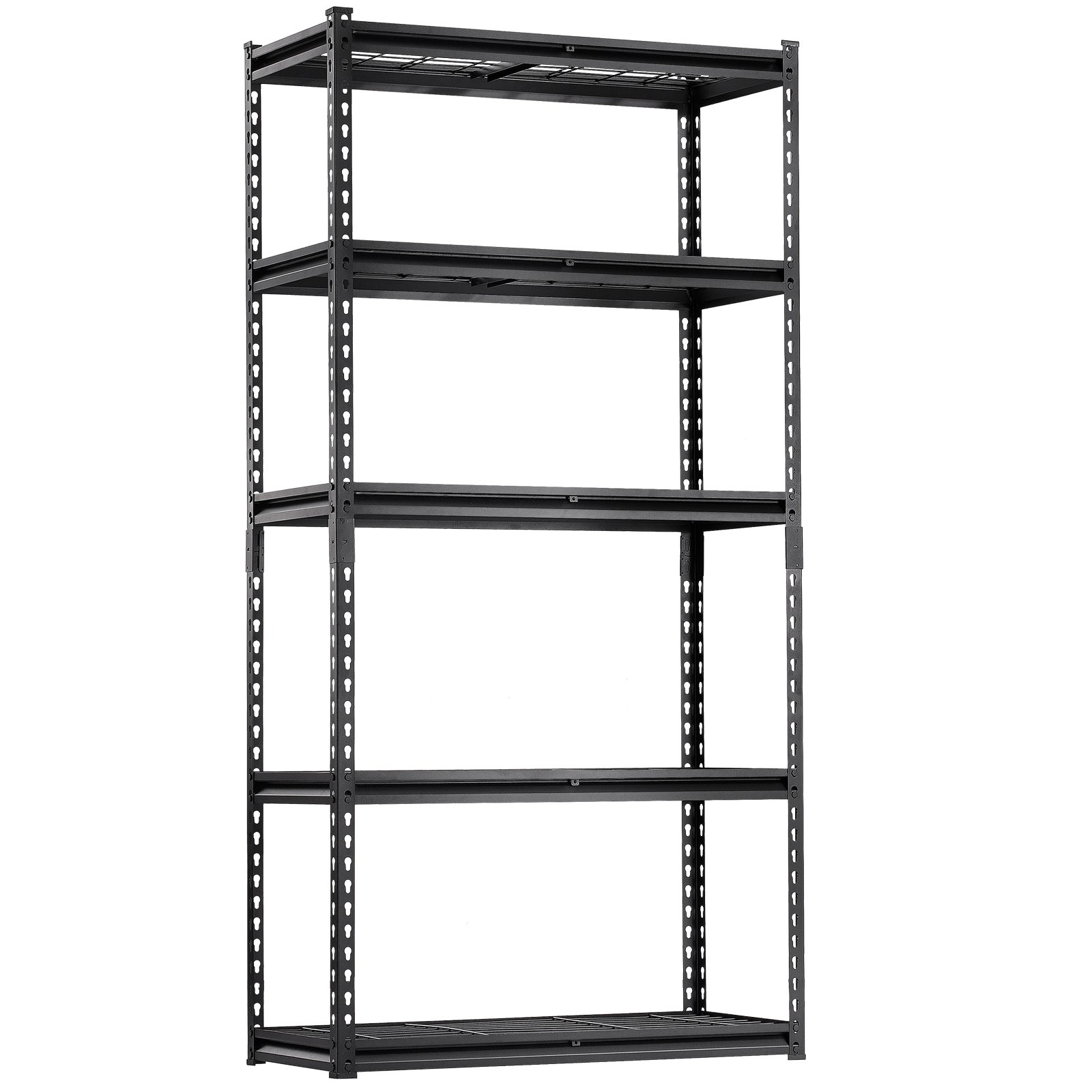 Heavy-duty VEVOR 5-tier garage shelving unit with adjustable black metal shelves, 2000 lbs capacity, ideal for industrial or warehouse storage