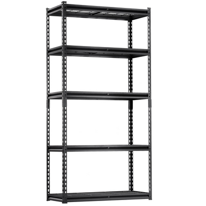 Heavy-duty VEVOR 5-tier garage shelving unit with adjustable black metal shelves, 2000 lbs capacity, ideal for industrial or warehouse storage