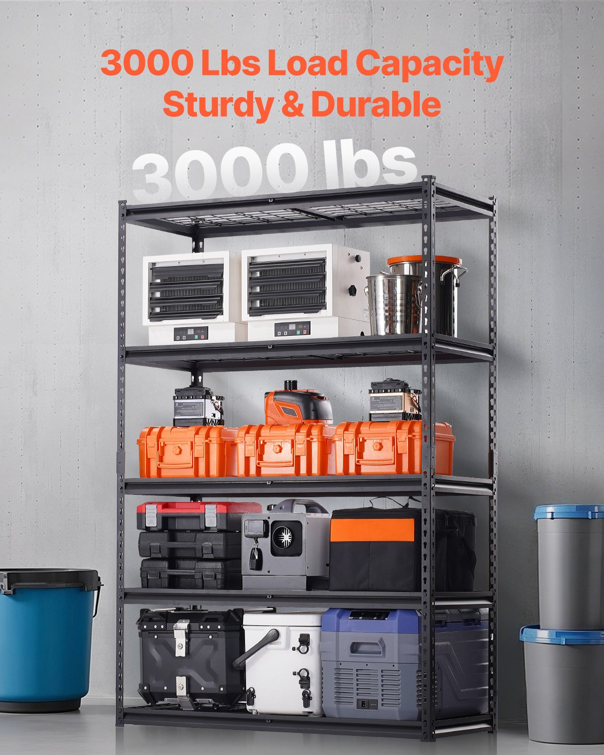 Start2Finish VEVOR 5-tier heavy-duty metal garage shelving unit with adjustable black steel shelves, 20" D x 48" W x 72" H