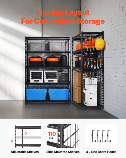 Heavy-duty VEVOR storage shelves with five adjustable metal tiers, black industrial garage shelving unit for basement or warehouse.